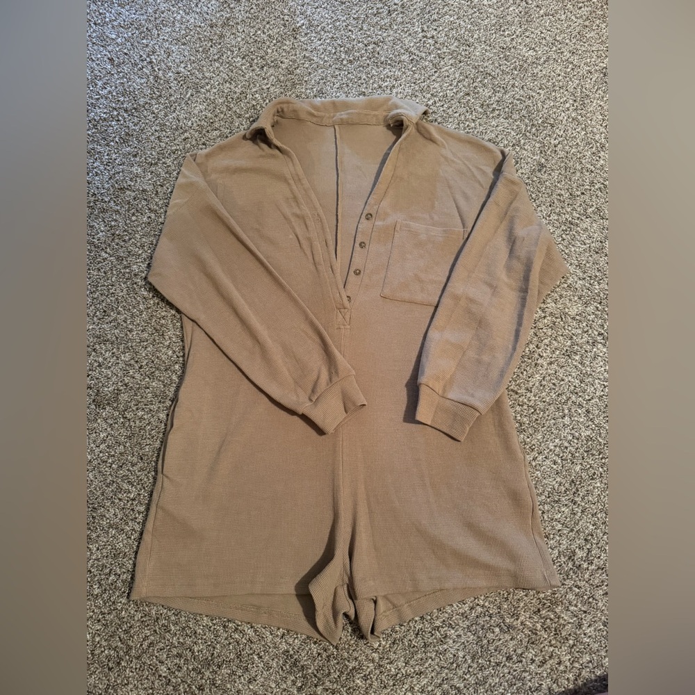 Tan Long Sleeve Button-Up Romper